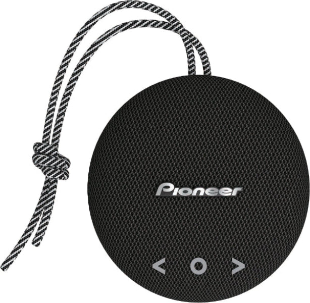 Black Pioneer portable speaker with a rope handle on a white background